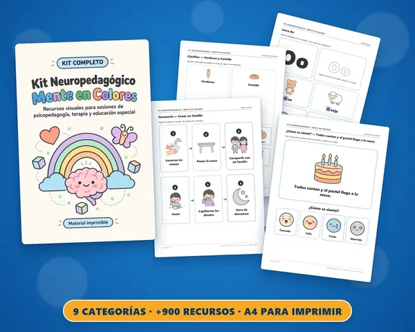 Portada del kit principal y páginas imprimibles reales de las 9 categorías, con línea de corte